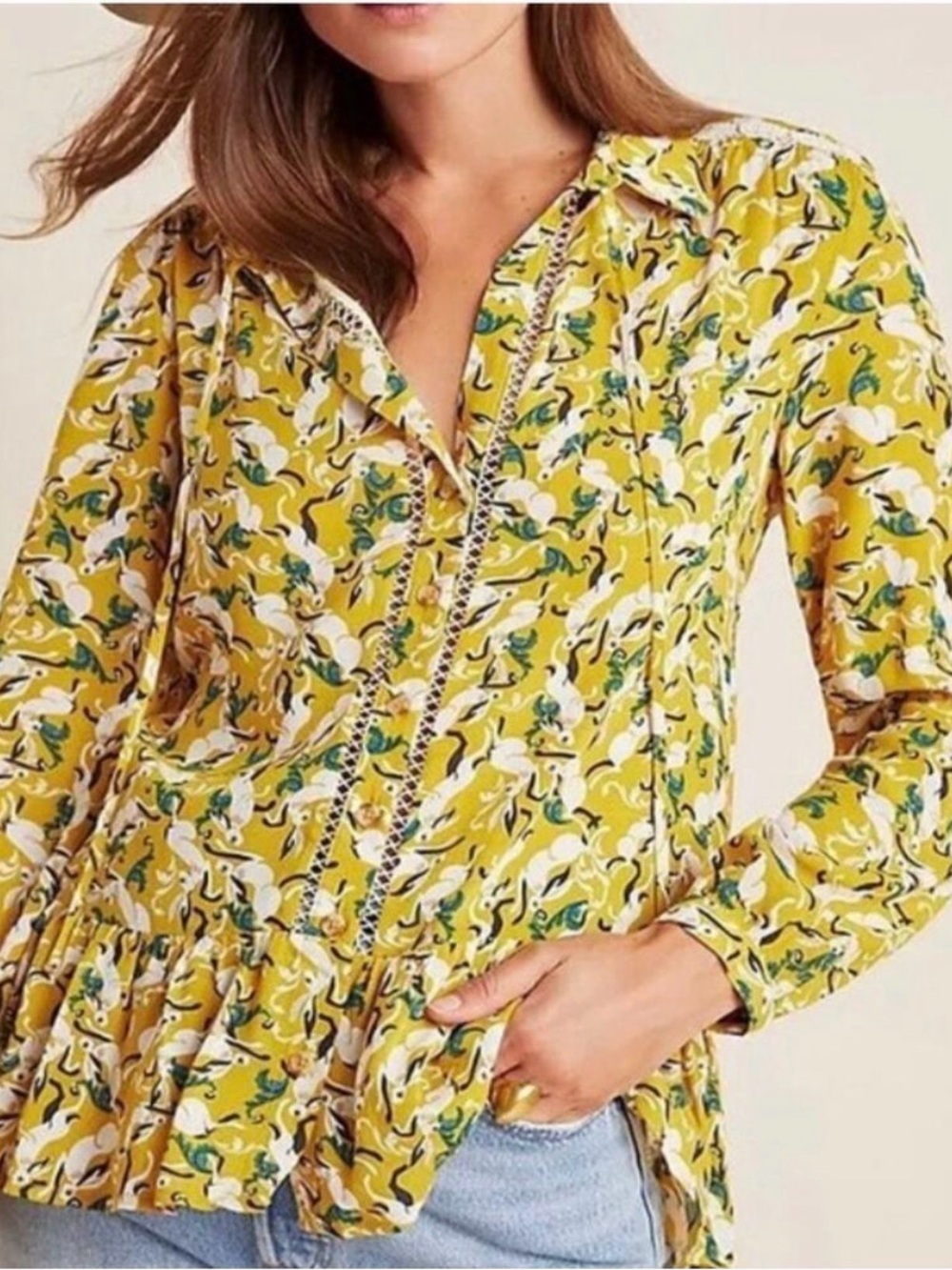 Anthropologie Yellow Floral Long-Sleeve Peplum Blouse